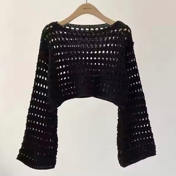 New Black Cropped Crochet Knit Mesh Sweater Top Sz.M Bell Sleeve Grunge Goth Y2K - Picture 7 of 7
